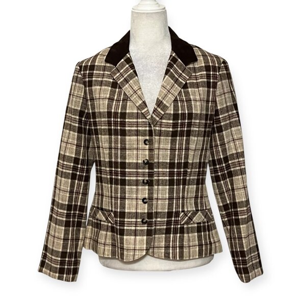 That's Me USA Women's Plaid Wool Blend Blazer Jacket Brown Beige Check Size 11 - Picture 1 of 11
